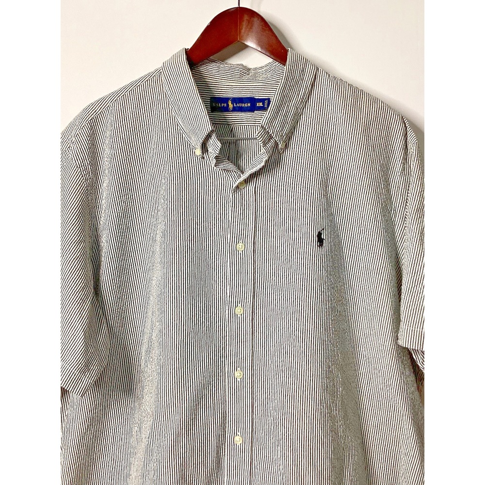 VTG Ralph Lauren Short sleeve Men's Button down Gray White Stripe Shirt Size XXL
